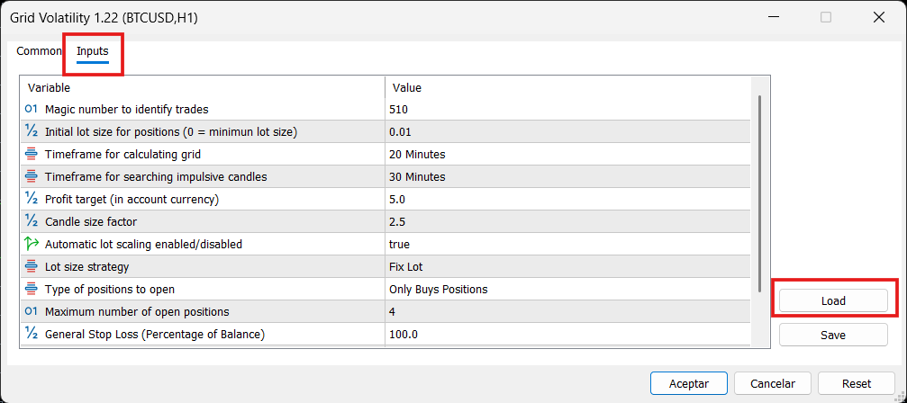 EA Inputs tab and Load button