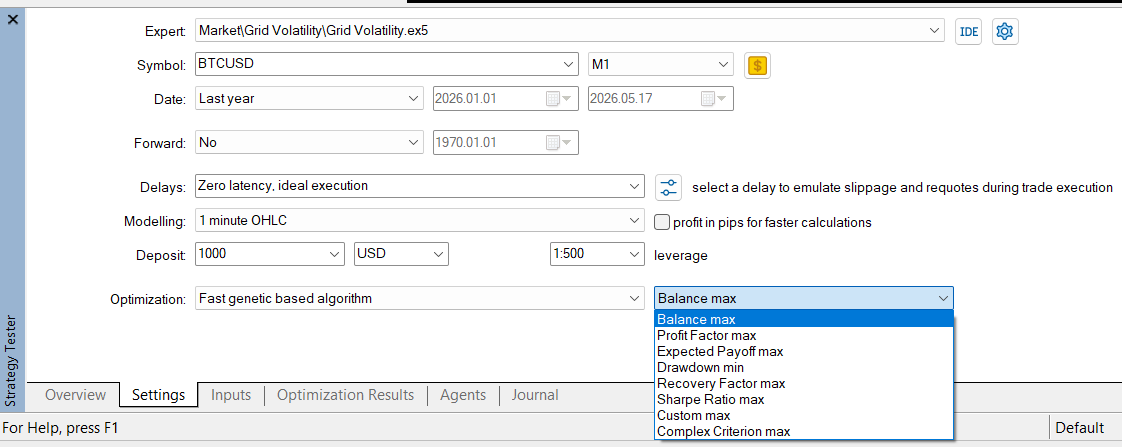 MT5 Strategy Tester Settings Tab